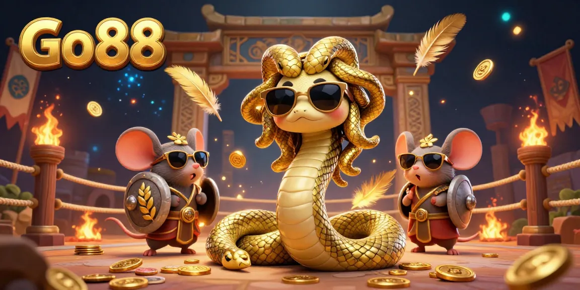 Experience Go88's thrilling atmosphere with engaging games and golden rewards in this vibrant 3D casino illustration.