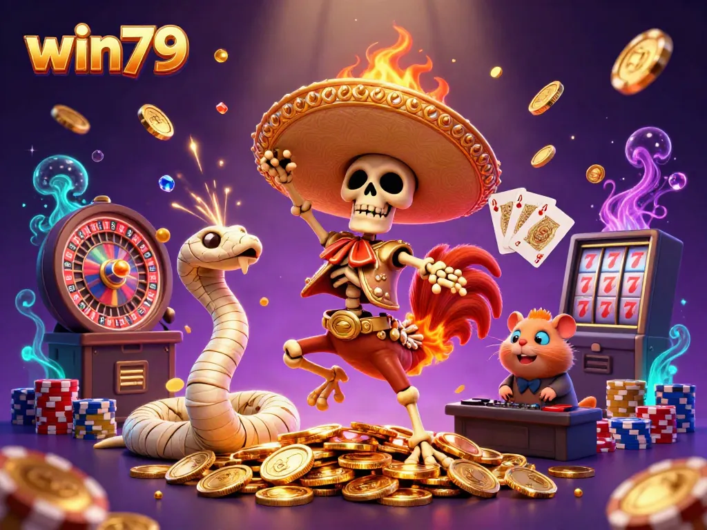 Experience the thrill of winning with win79's festive scene featuring jubilant characters and casino elements.