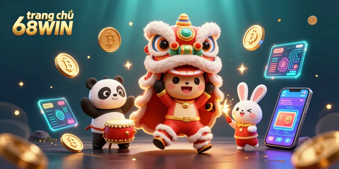 Engage with the vibrant trang chủ 68WIN scene featuring a lion dance and crypto elements.