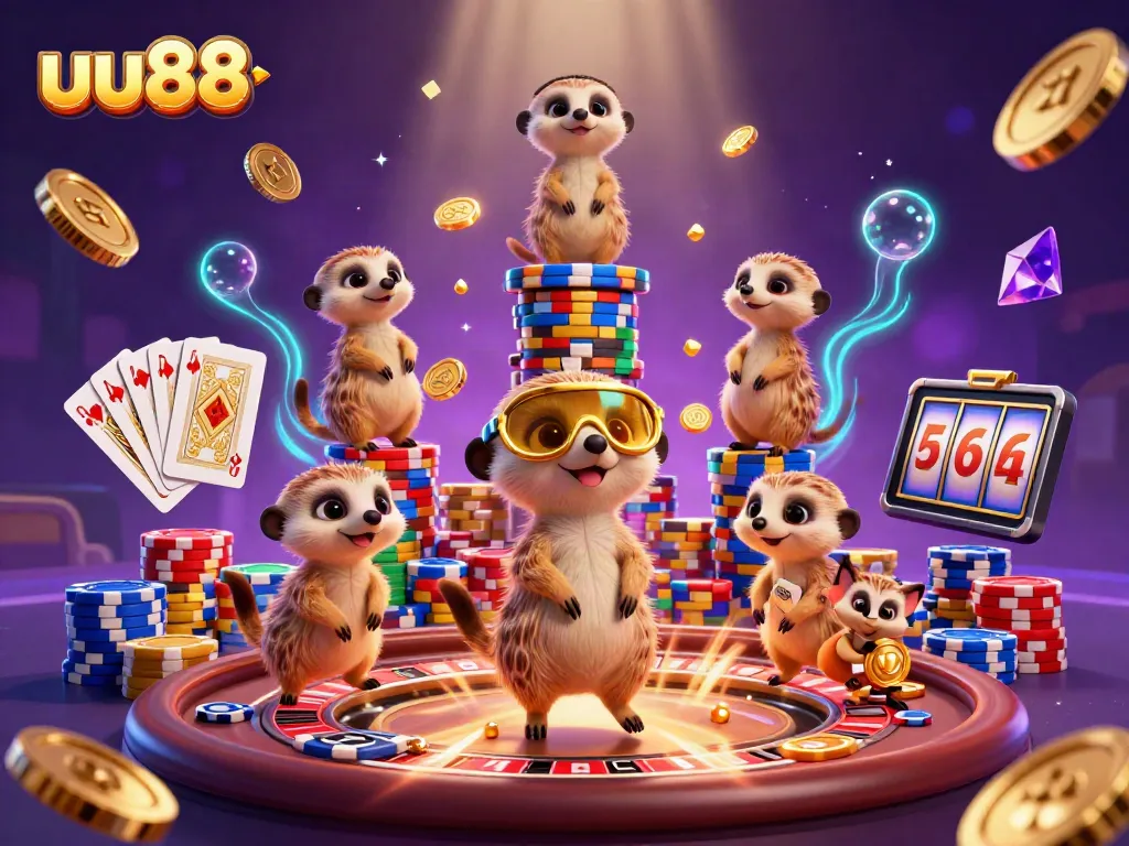 Engage with uu88 casino excitement featuring vibrant meerkats in a high-energy gaming scene.