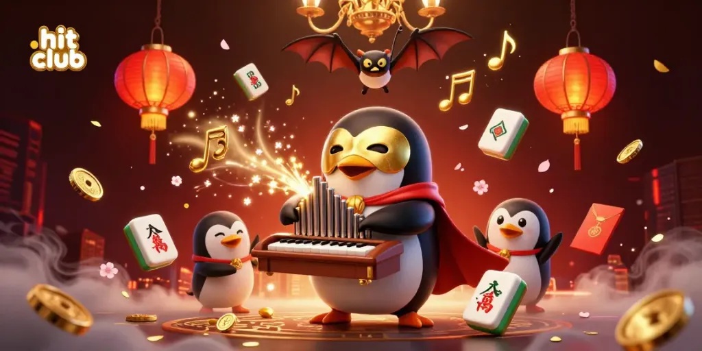 Engage with the hit club as a playful penguin orchestrates a lively gambling scene with acrobatic elements.