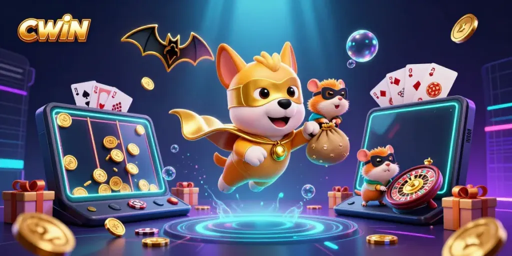 CWIN engages players with a dynamic 3D cartoon illustration featuring a superhero dog and hamster in an exciting casino scene.