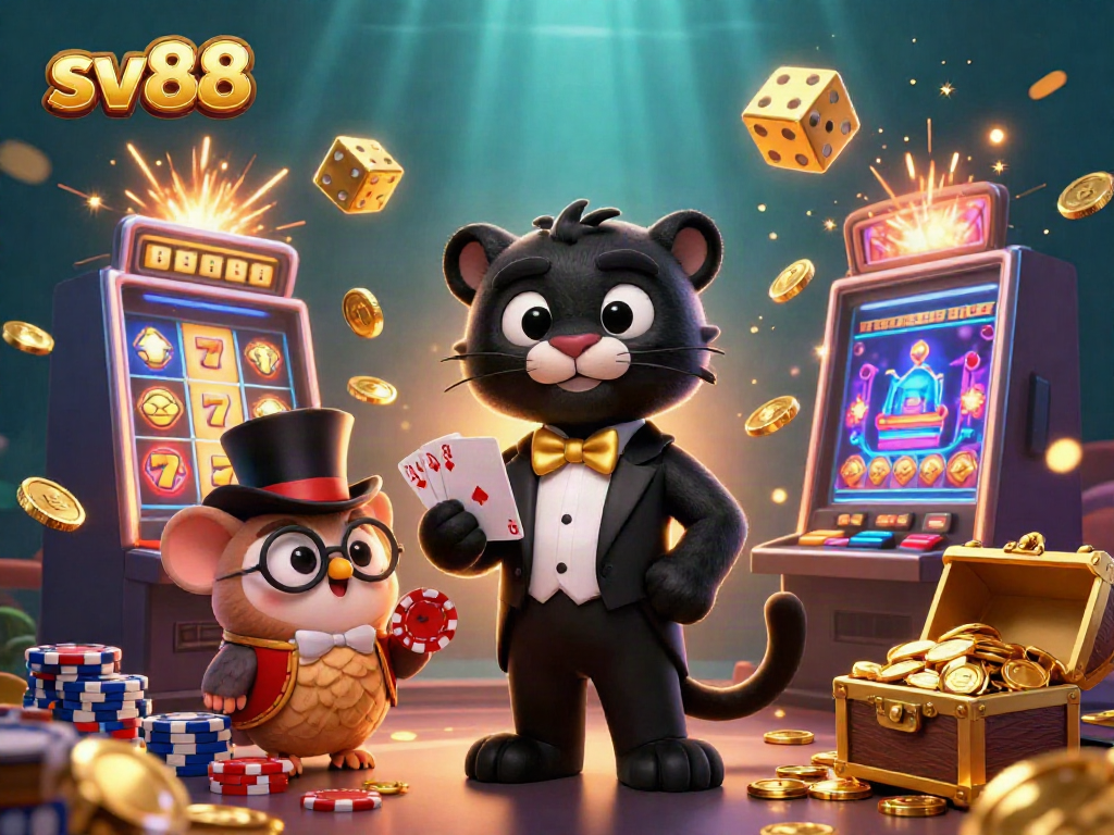 Join the action with sv88 as a panther deals cards amidst exploding slots and vibrant casino elements.