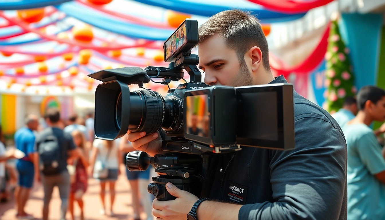 Video production expert filming a lively outdoor event with high-quality equipment.