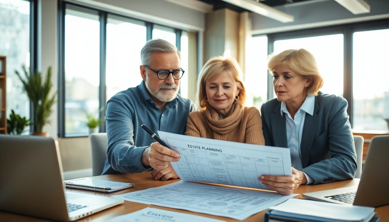 Estate Planning discussion between couple and advisor in a bright office setting.