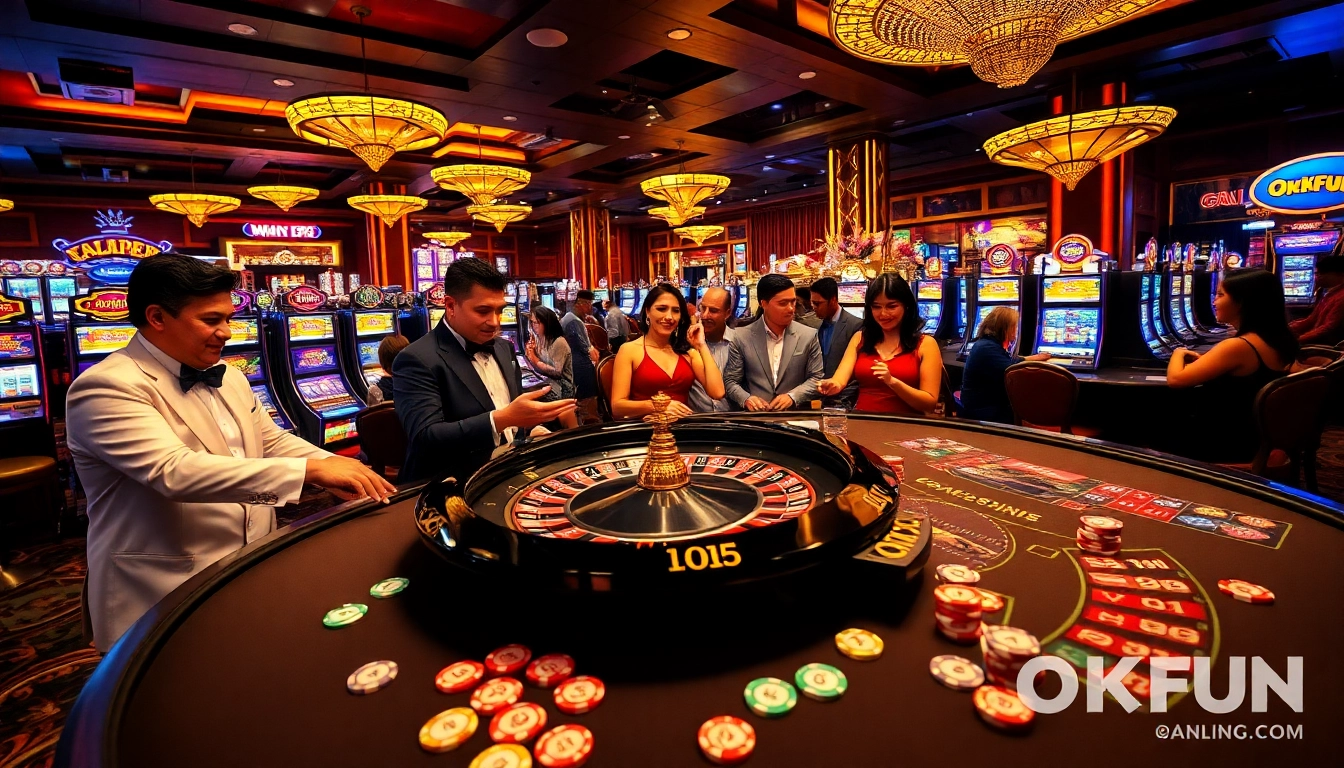 Excited players enjoying a game at OKFUN's vibrant casino table with chips and cards.