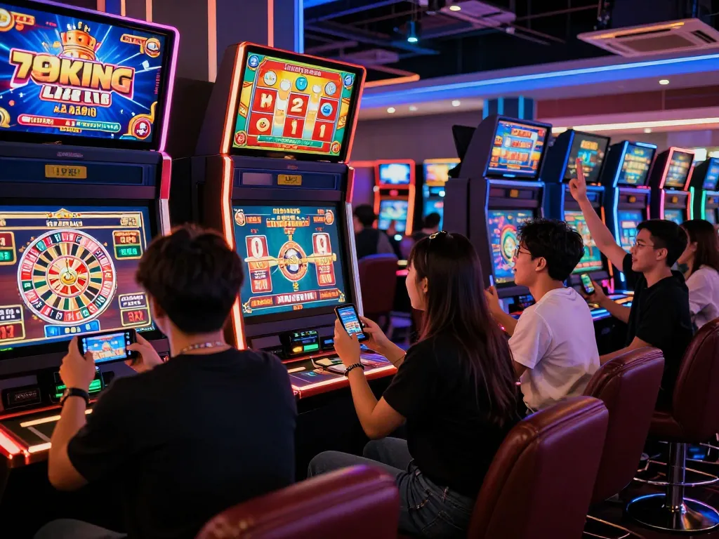 Engaging scene of players enjoying online casino games at Nhà cái 79KING with vibrant lighting and dynamic atmosphere.