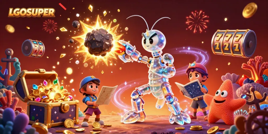 Engage in thrilling moments on LGOSUPER with colorful gems releasing from an exploding asteroid in this 3D casino illustration.