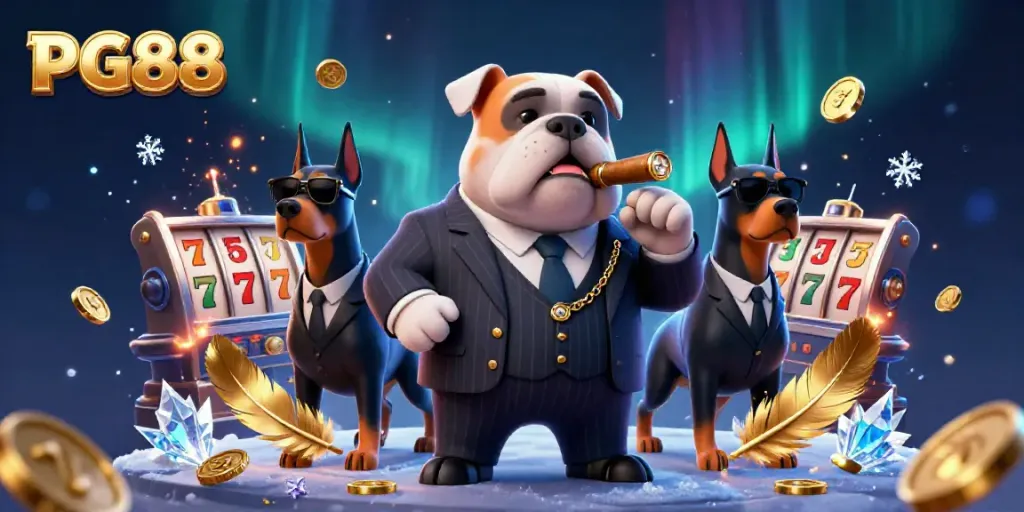 Watch PG88's mafia boss bulldog avatar amidst vibrant casino elements, embodying gambling excitement.