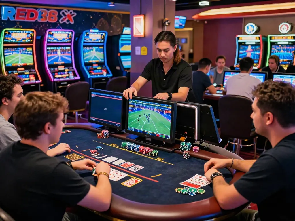 Exciting RED88 online betting scene with players enjoying casino games and sports betting at a modern gaming table.
