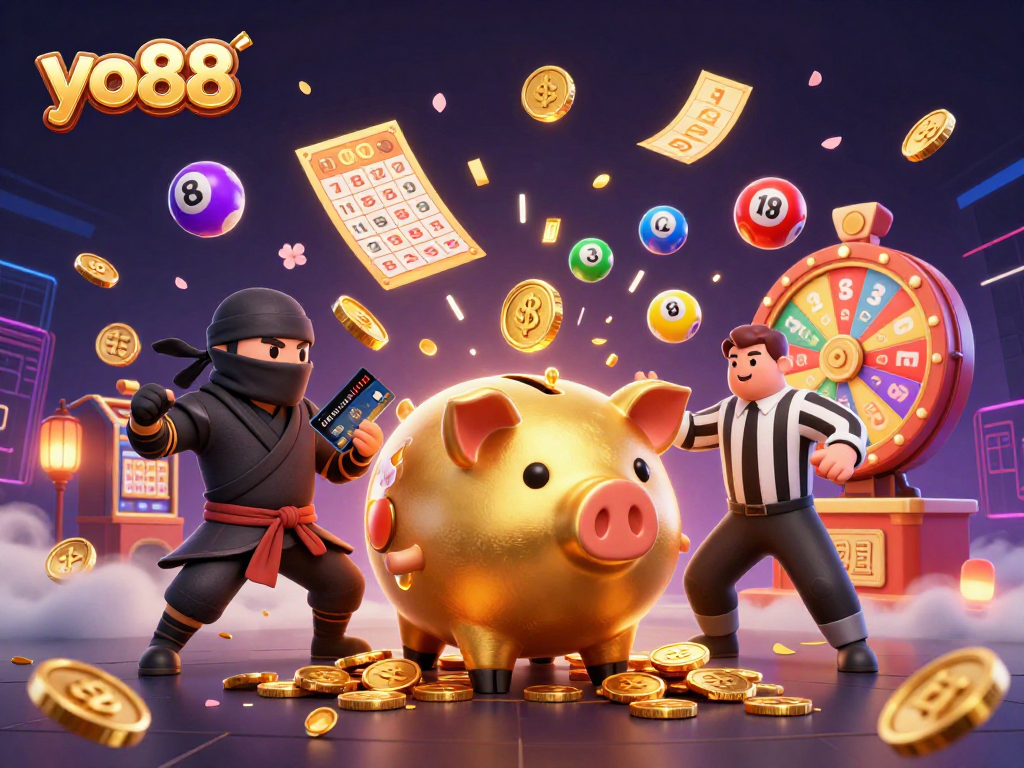 yo88 casino scene with gold piggy bank sumo wrestler, wallet ninja, and referee amidst exciting gaming elements