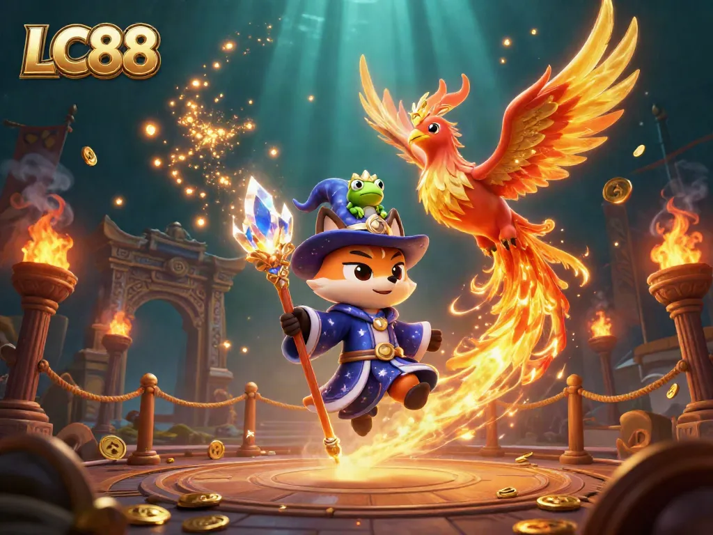Experience exciting gameplay at LC88 with a mystical fox wizard and phoenix in a vibrant casino scene.