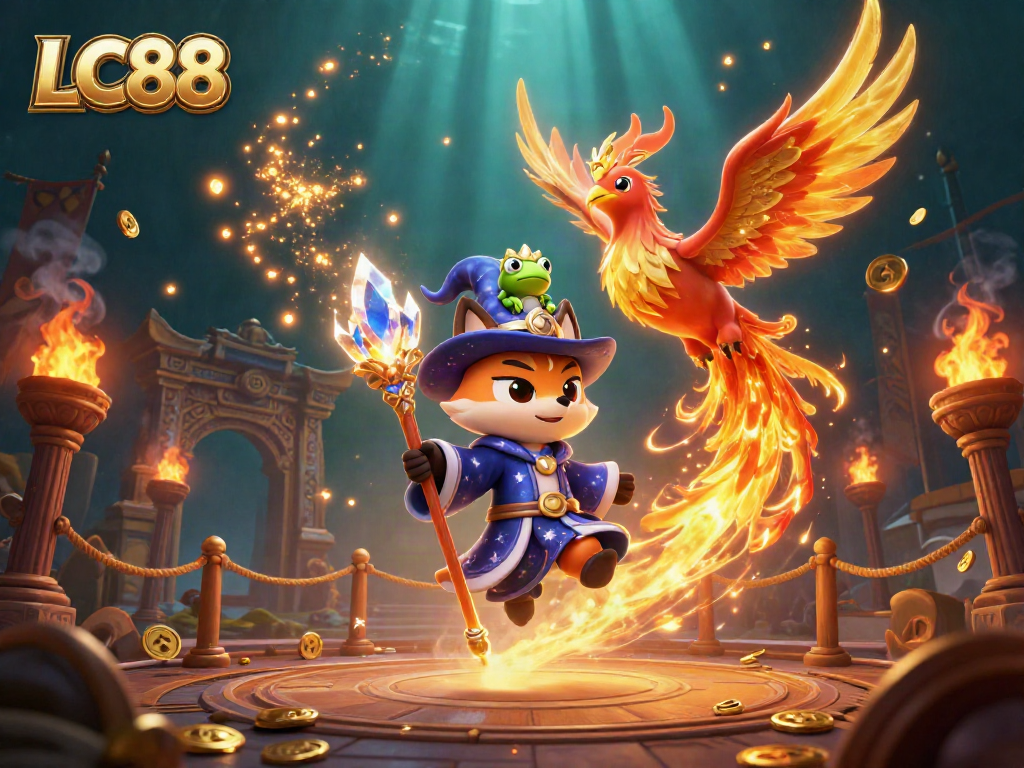 Experience exciting gameplay at LC88 with a mystical fox wizard and phoenix in a vibrant casino scene.