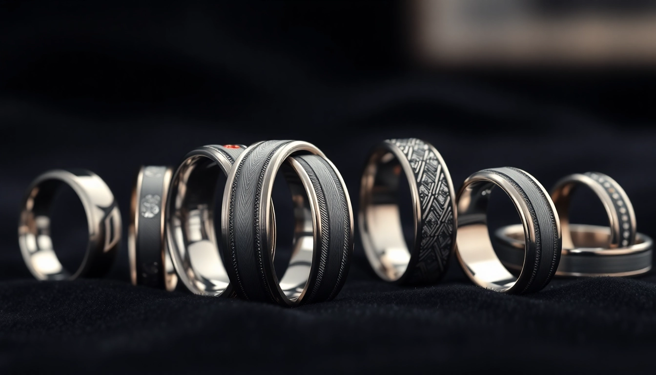 Tungsten rings displayed elegantly on velvet, showcasing intricate designs and polished finishes.