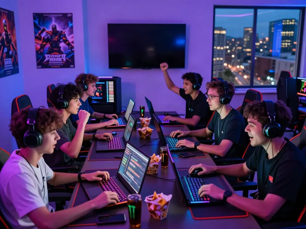 Gamers immersed in online play at BRO138, celebrating victories in a vibrant setting.