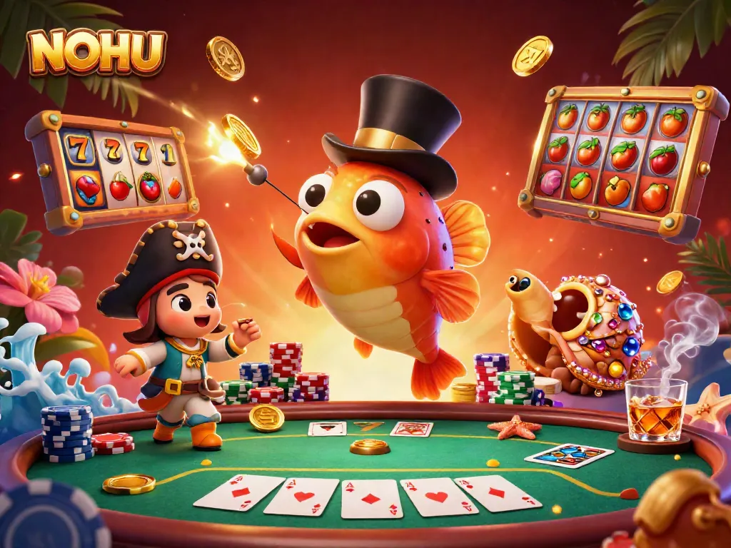 Engage with NOHU's dynamic deep-sea anglerfish and pirate shrimp amidst vibrant casino elements.