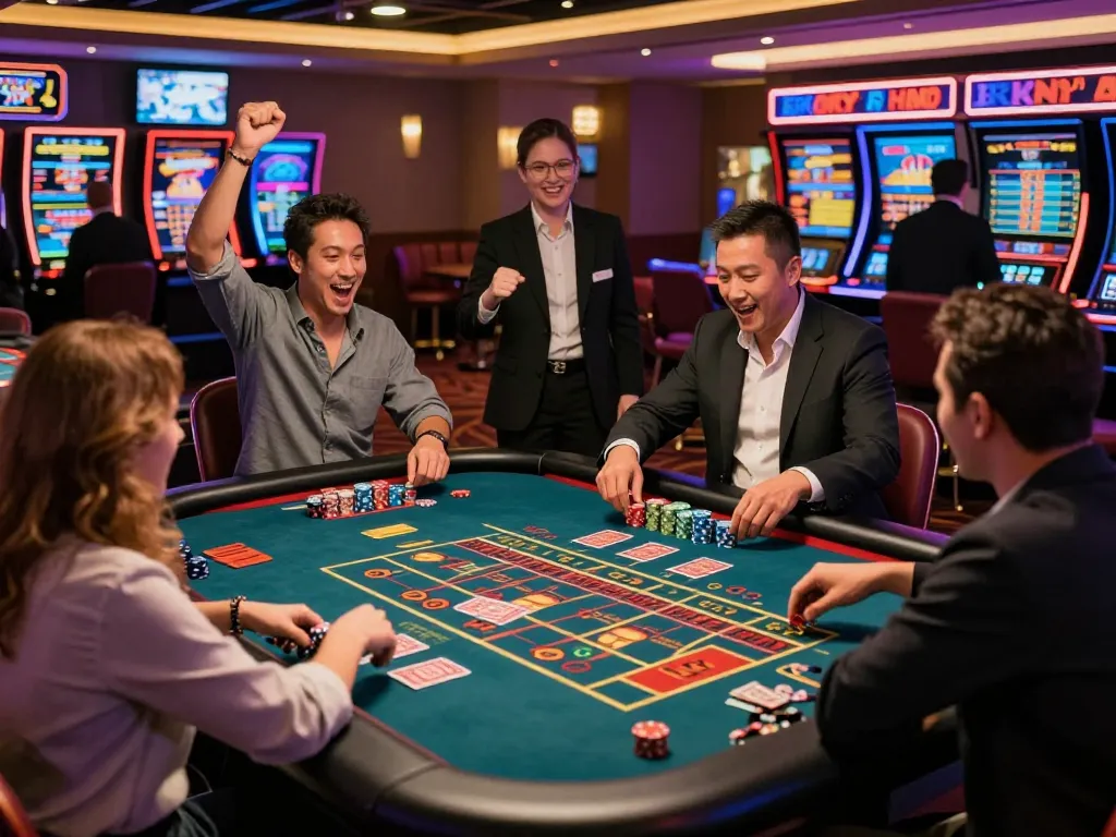 Engaged players at a man88 casino table enjoying vibrant gaming atmosphere.