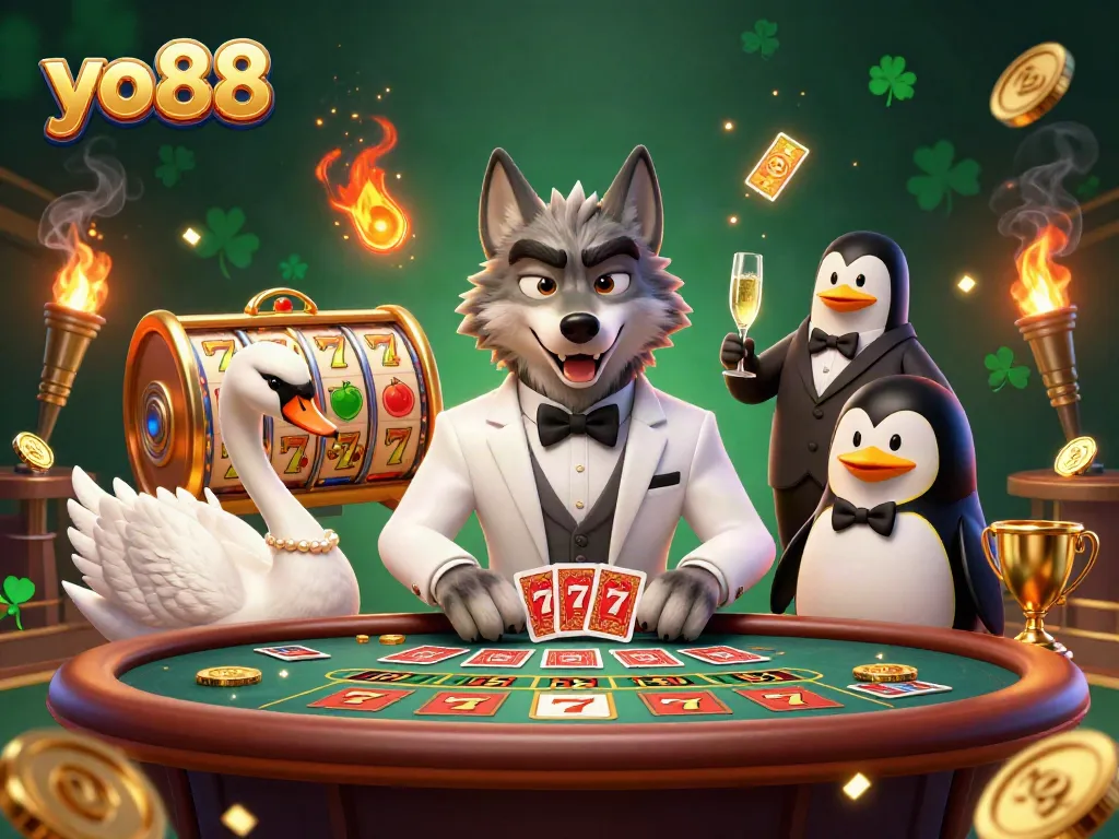 Experience thrilling slots with yo88 as the debonair wolf and friends enjoy a baccarat game.