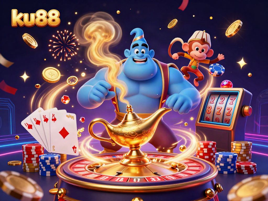 Experience the magic of ku88 with a genie, monkey, and poker chips in a vibrant casino scene.
