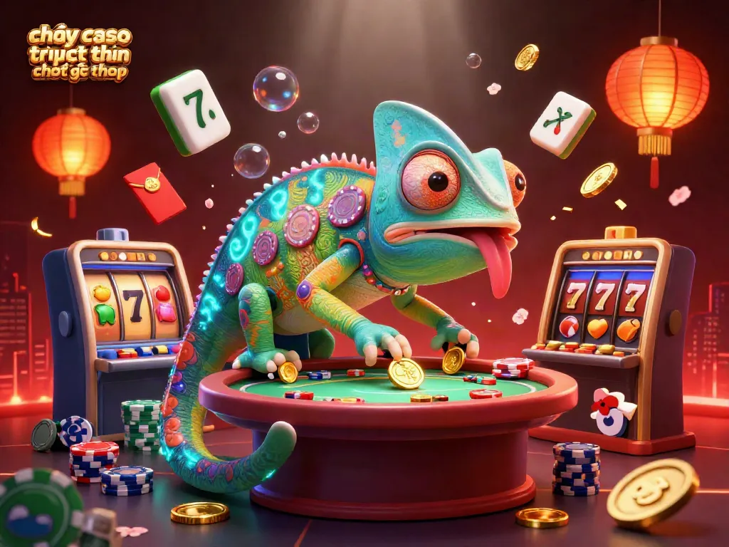 Trải nghiệm chơi casino trực tuyến trên điện thoại với biểu tượng chameleon và các nguyên tố may mắn.