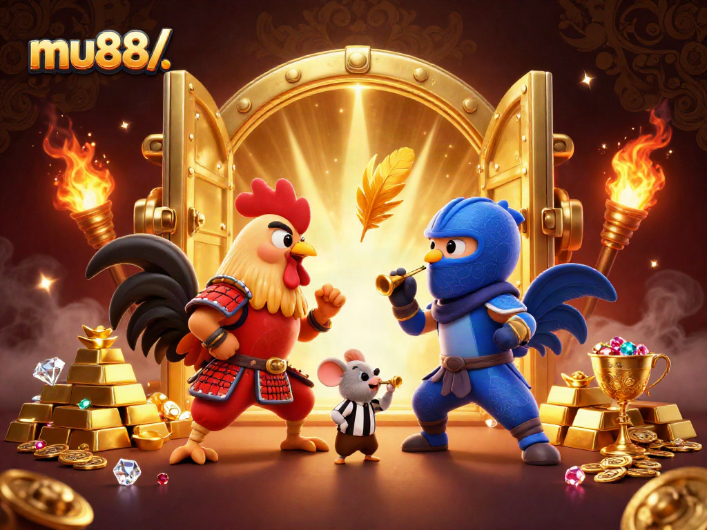 Engage with the mu88/. experience featuring battling roosters in a vibrant 3D casino scene.