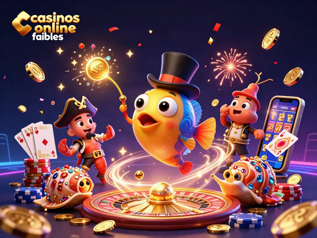 Ilustra casinos online fiables con peces en un ambiente festivo y elementos de juego.
