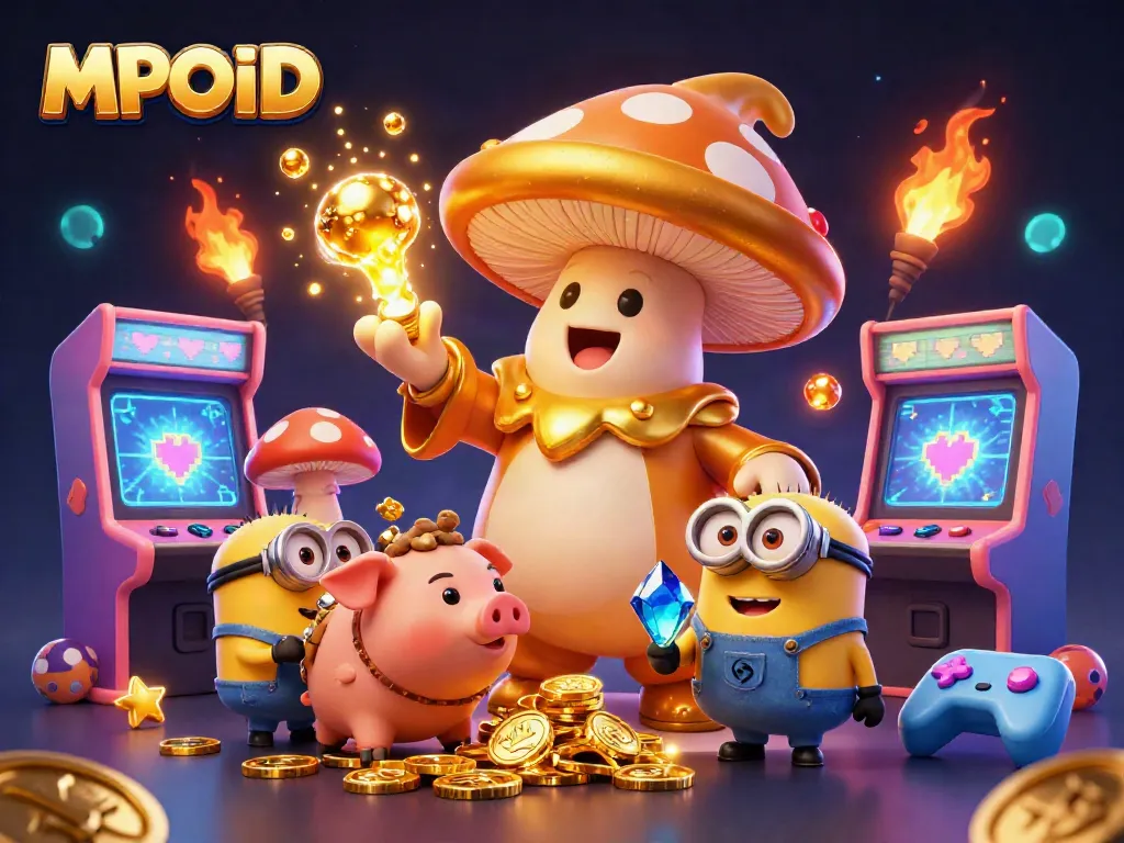 MPOID illustration of a wizard and pig with treasure in a vibrant casino-themed scene.