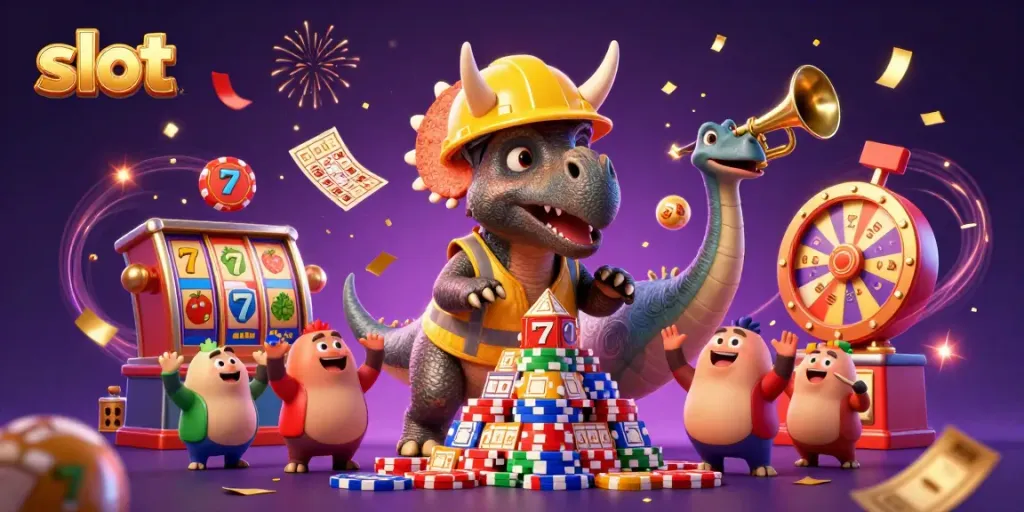 Cheerful parade in a casino-themed scene with a triceratops and friends celebrating slots.