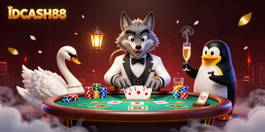 IDCASH88 promotes thrilling card games with a debonair wolf, elegant swan, and sophisticated penguin.