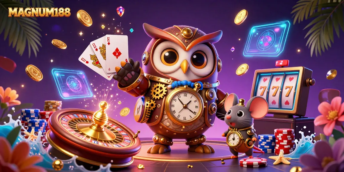 Experience MAGNUM188's vibrant casino energy through a dynamic 3D illustration showcasing lively characters and games.