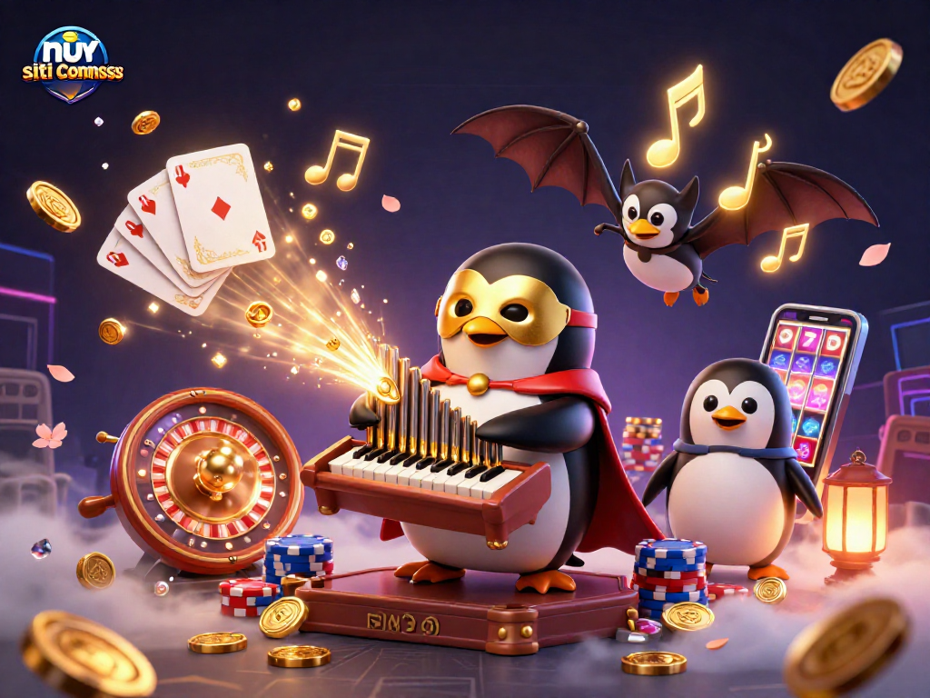 Giocando nei nuovi siti scommesse, il pinguino fantasma opera l'organo d'oro mentre piovono monete.