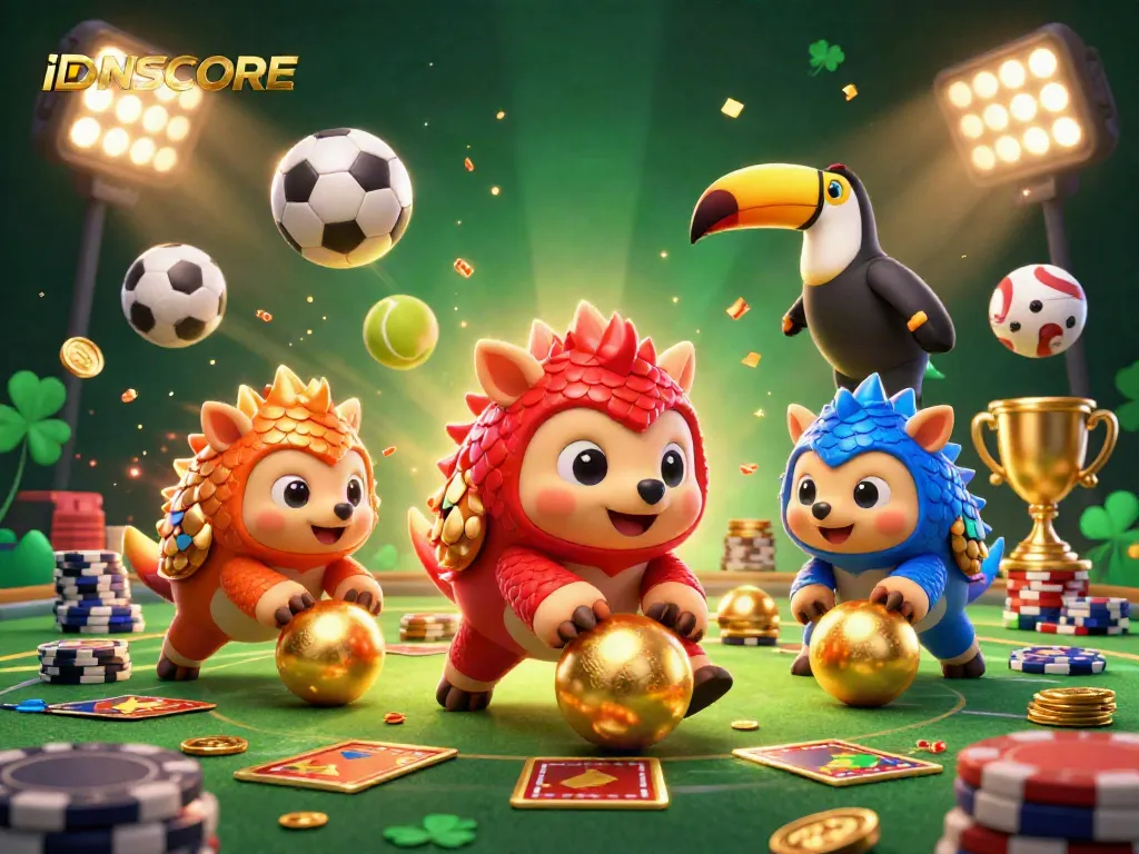 Rolling pangolins and sports balls in a vibrant casino-themed illustration for IDNSCORE.