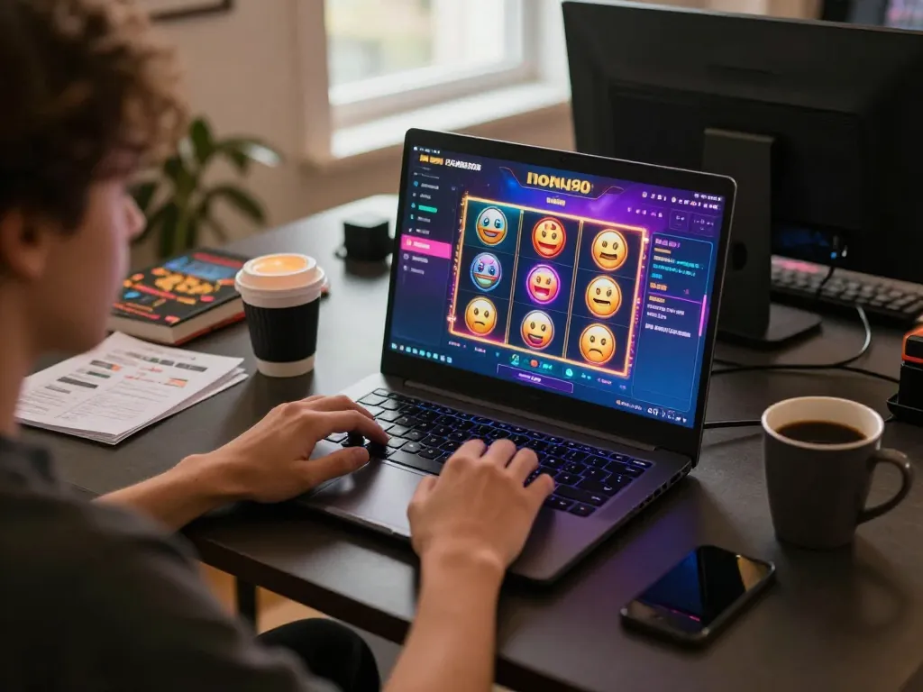 Engaged player enjoying nohu90 online gaming experience on a laptop, showcasing vibrant slot interface.