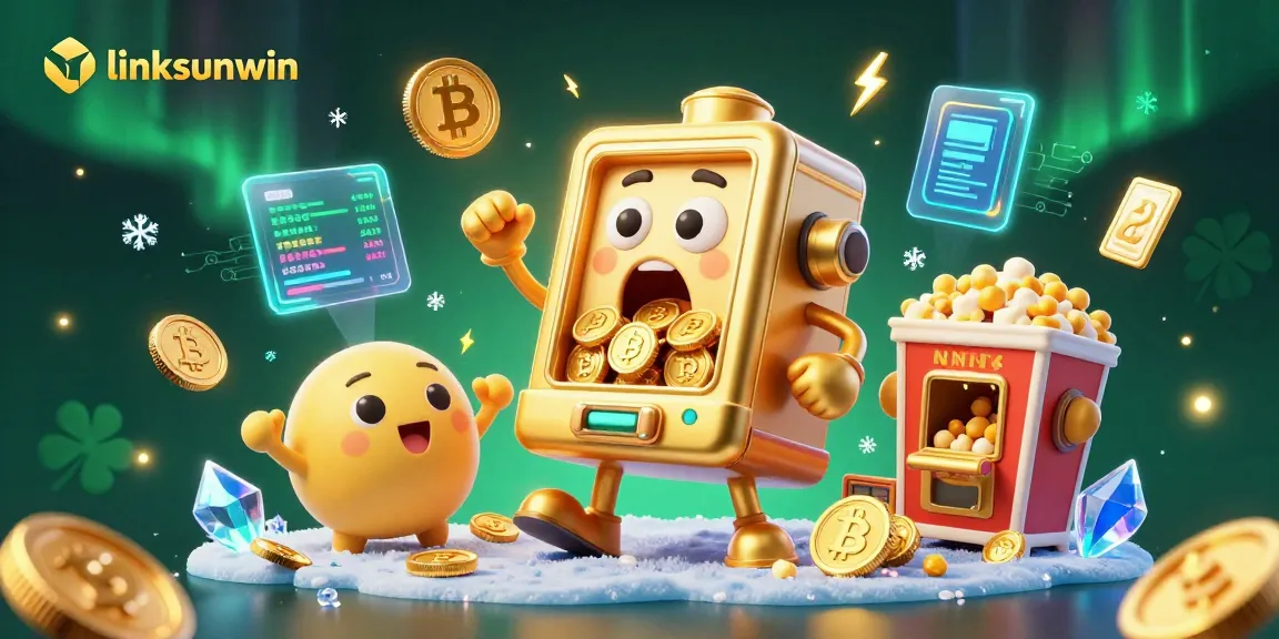 Win big with linksunwin as the golden slot machine hits a jackpot, surrounded by cheering characters.