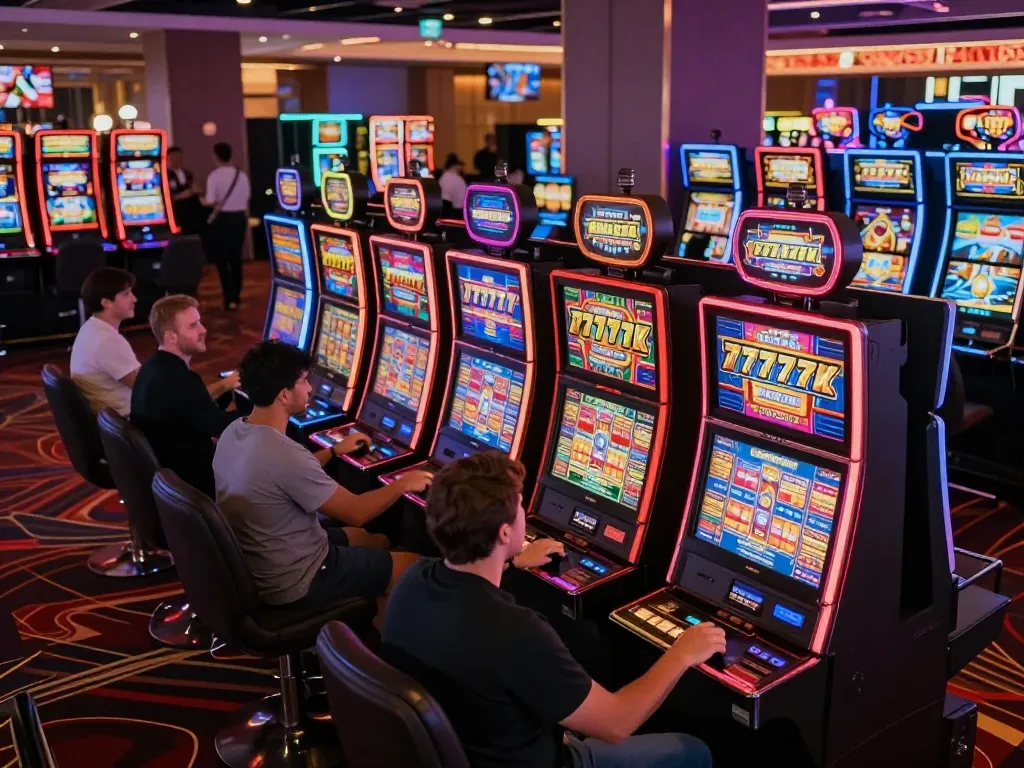 Players enjoying slot777 machines in a vibrant casino atmosphere with colorful displays.