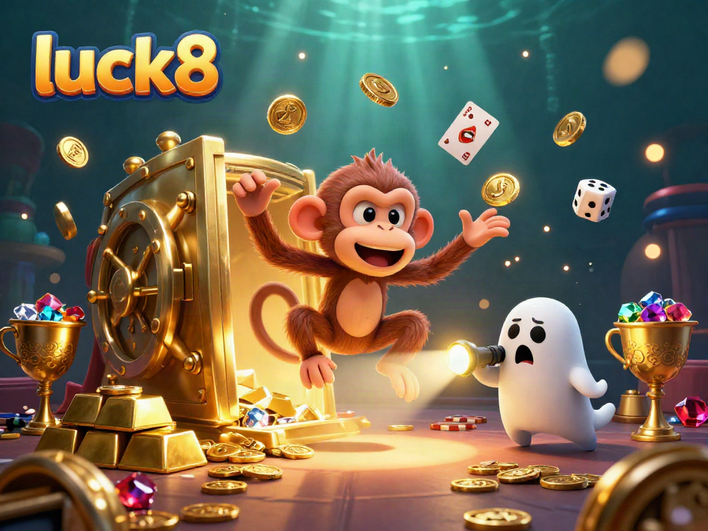 Engage in luck8's lively casino scene with a juggling poltergeist monkey and a ghost-hunter puppy, surrounded by rich treasures.