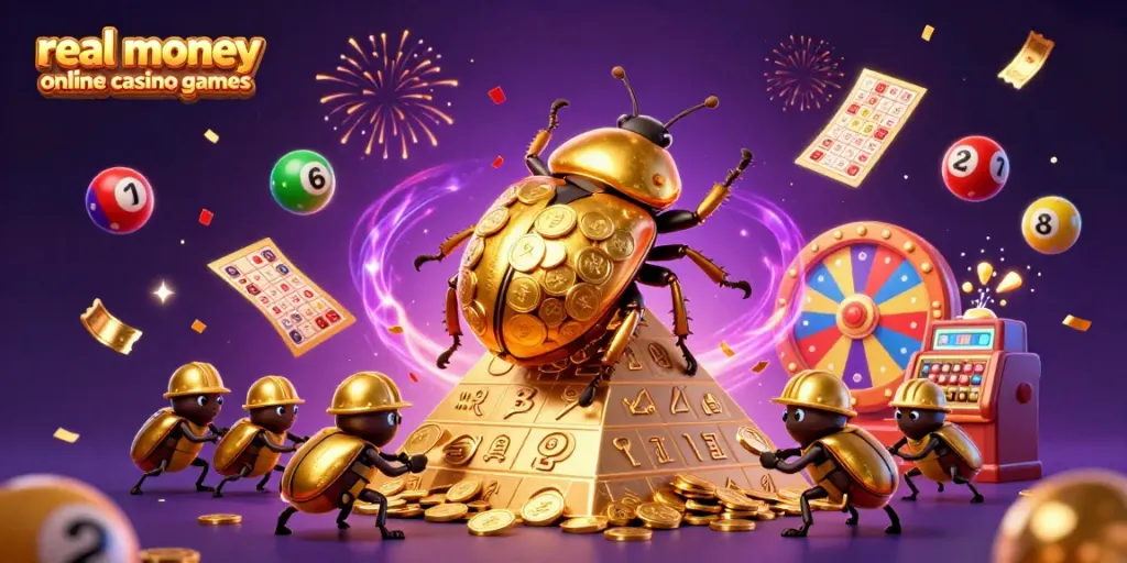 Experience real money online casino games with vibrant, dynamic 3D illustration of playful golden beetles and casino symbols.