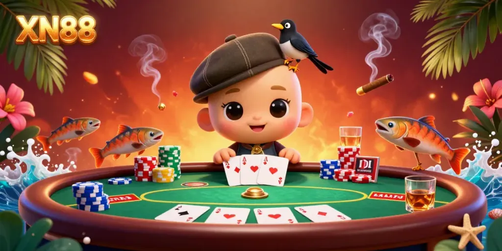 XN88 offers a lively casino experience with Nessie, a magpie, and colorful poker elements.