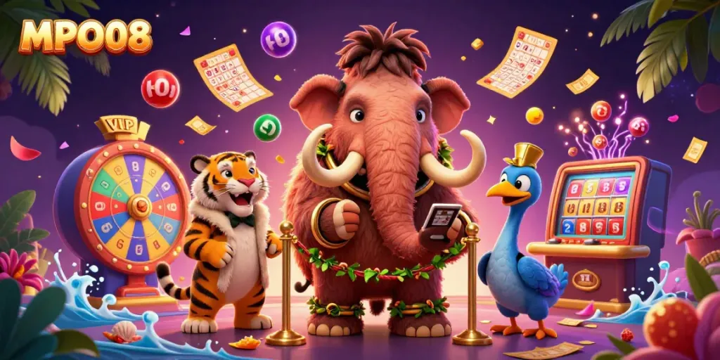 Engage with MPO08's vibrant casino atmosphere featuring colorful games and dynamic characters.