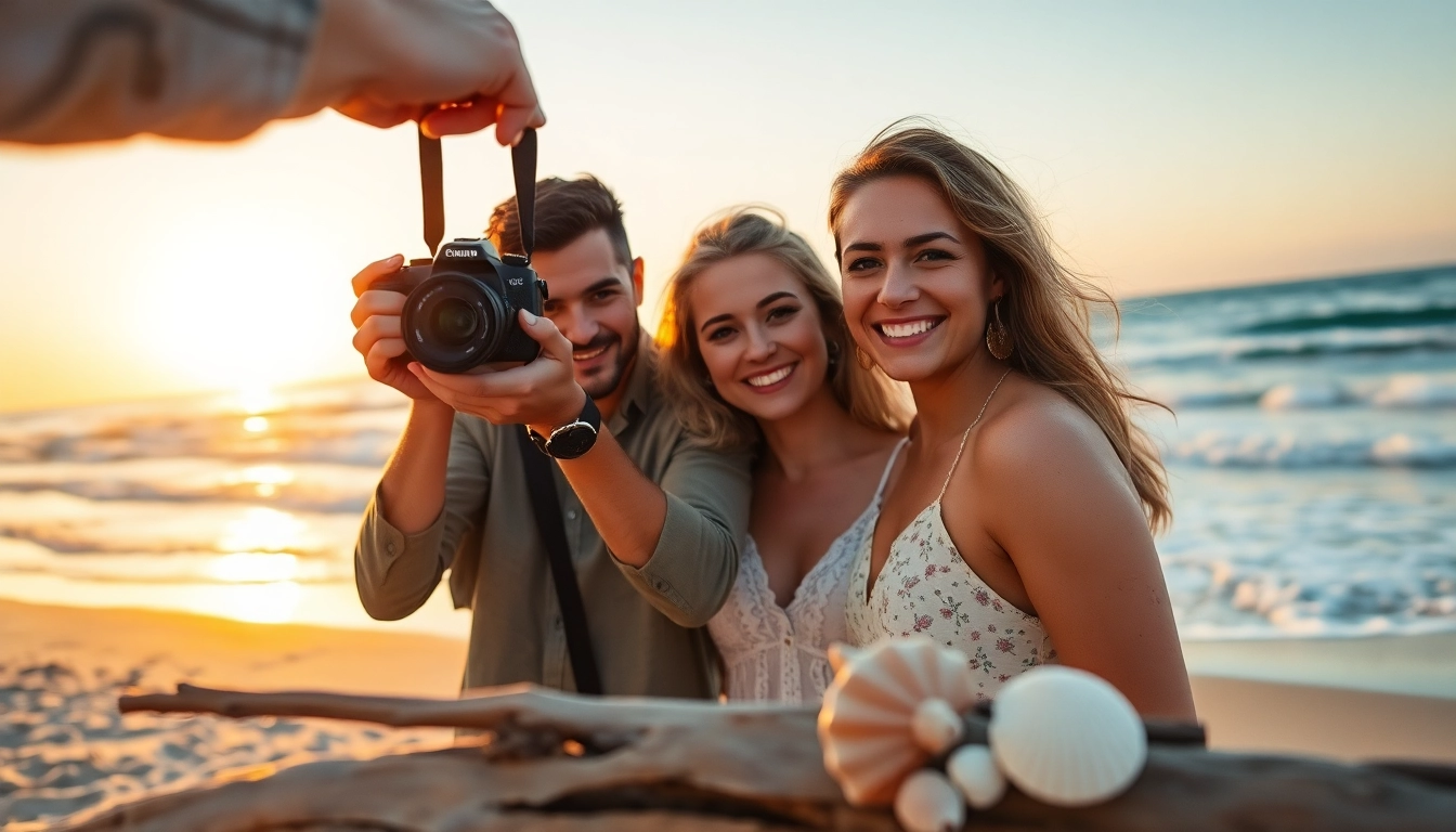 Destination photographer capturing romantic moments on a beach during sunset.