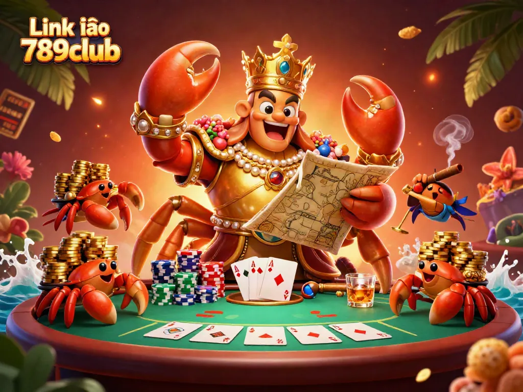 Experience the excitement of Link vào 789club with a golden crab emperor and poker elements.