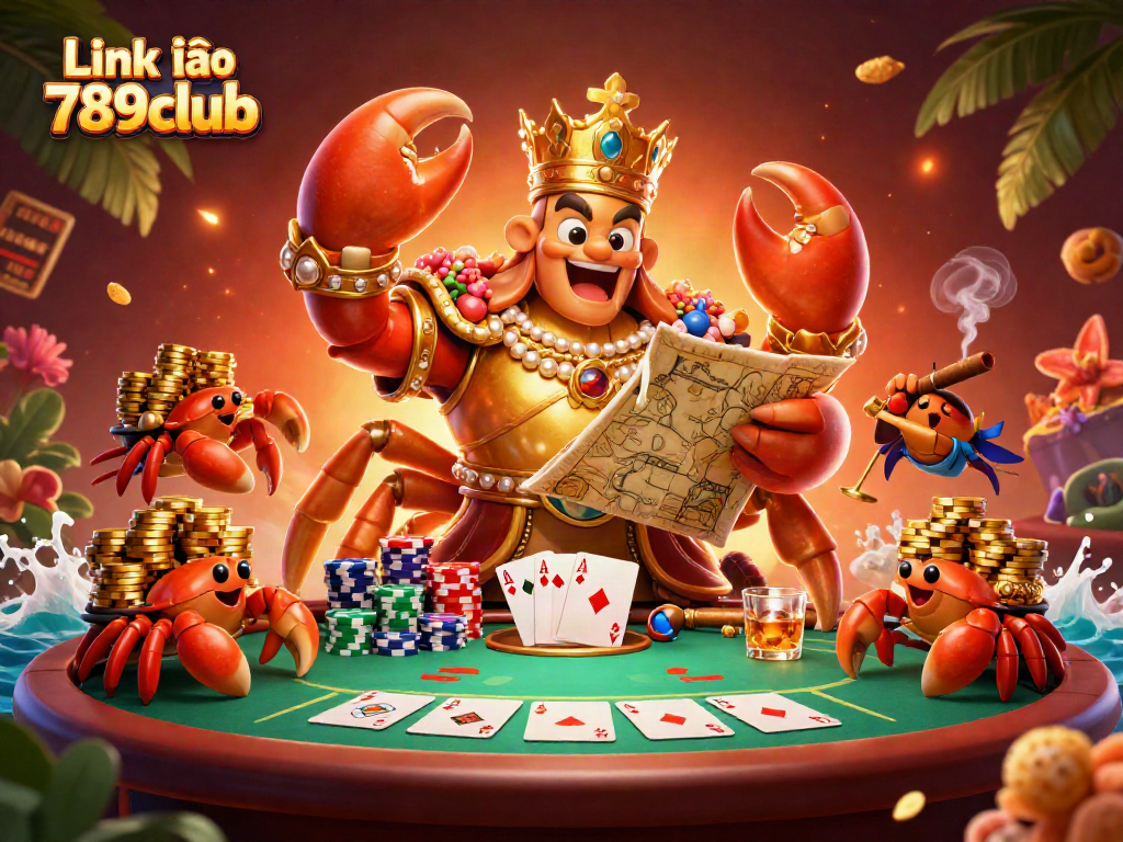 Experience the excitement of Link vào 789club with a golden crab emperor and poker elements.