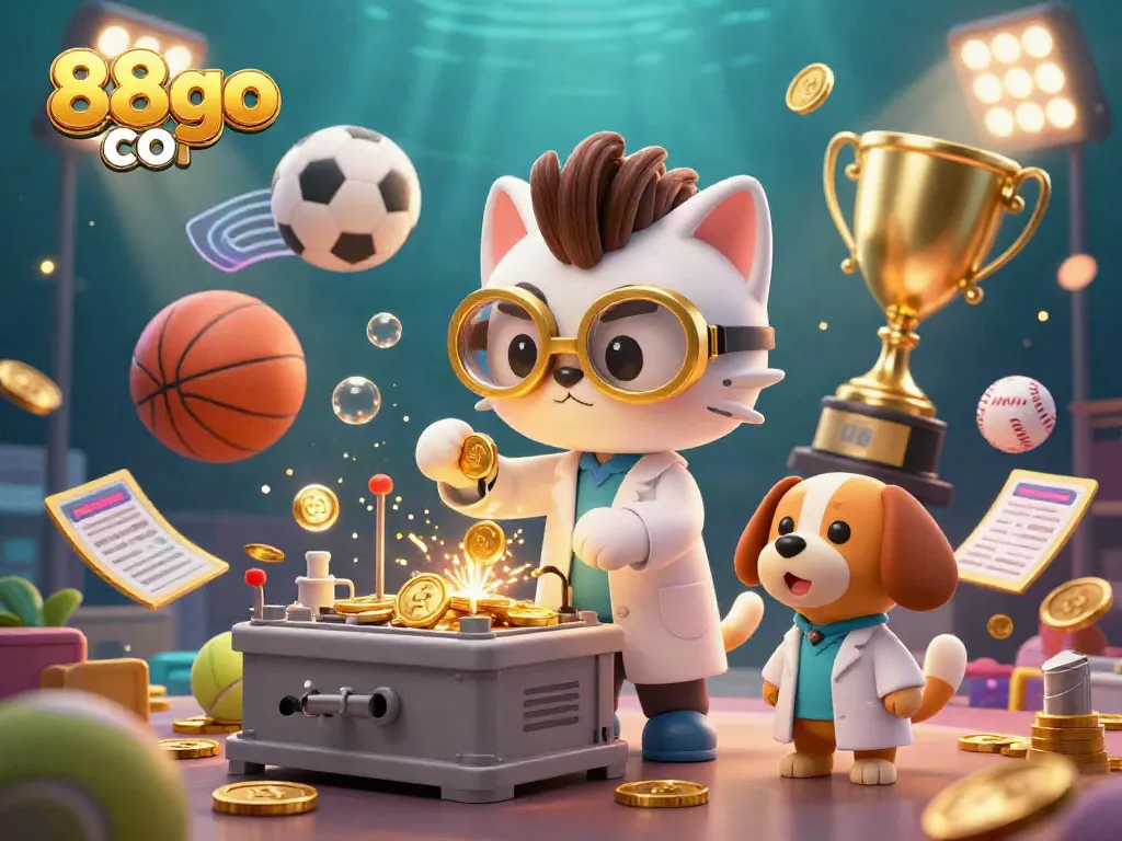 Engage with thrilling gameplay at 88go com, featuring a vibrant casino scene with a scientist cat and dog.