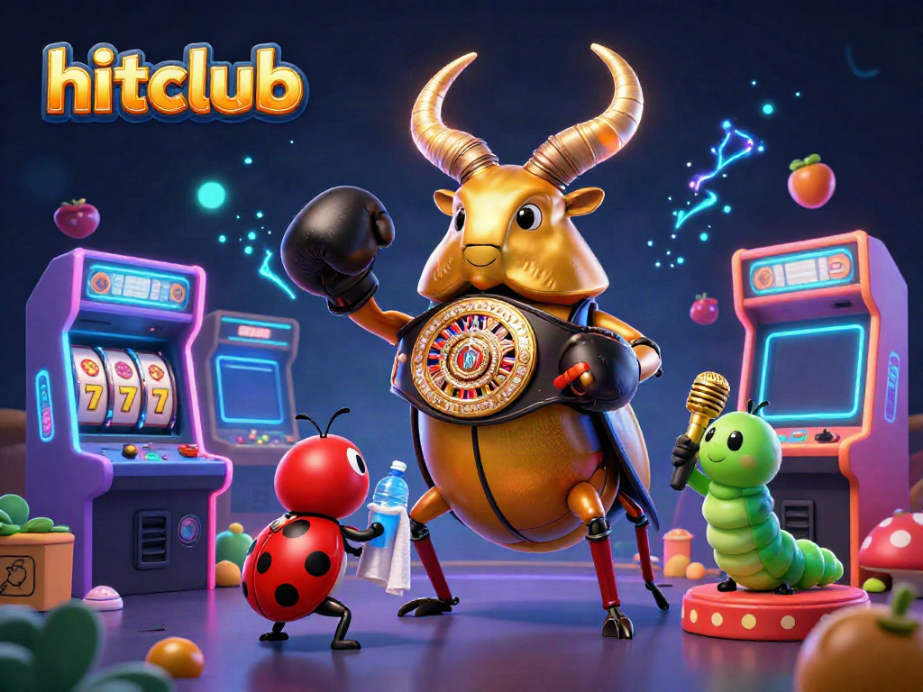 Hitclub showcases a vibrant scene with a golden stag beetle in a boxing belt surrounded by arcade game elements.