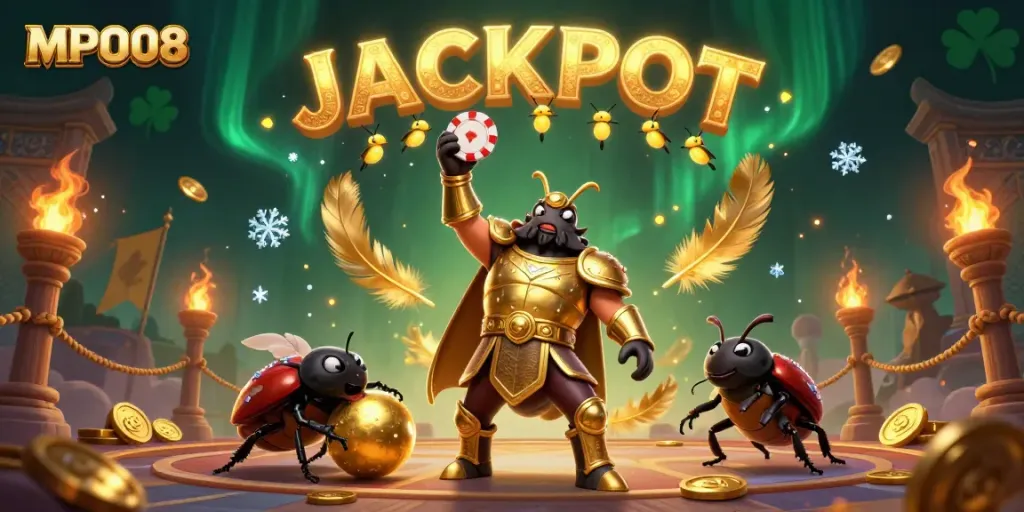 Experience big wins with MPO08's dynamic illustration of a beetle champion celebrating a jackpot.