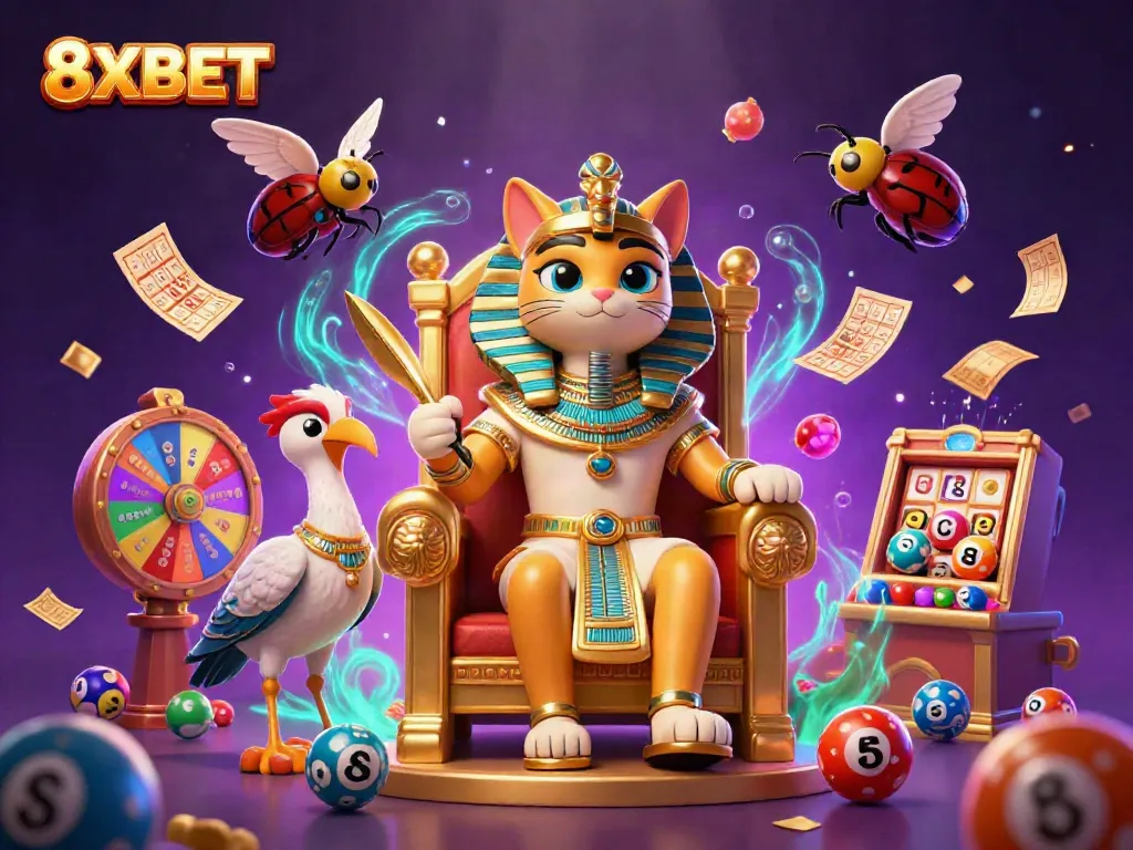 Engaging scene of 8XBET showcasing Egyptian pharaoh cat, ibis scribe, and vibrant lottery elements.