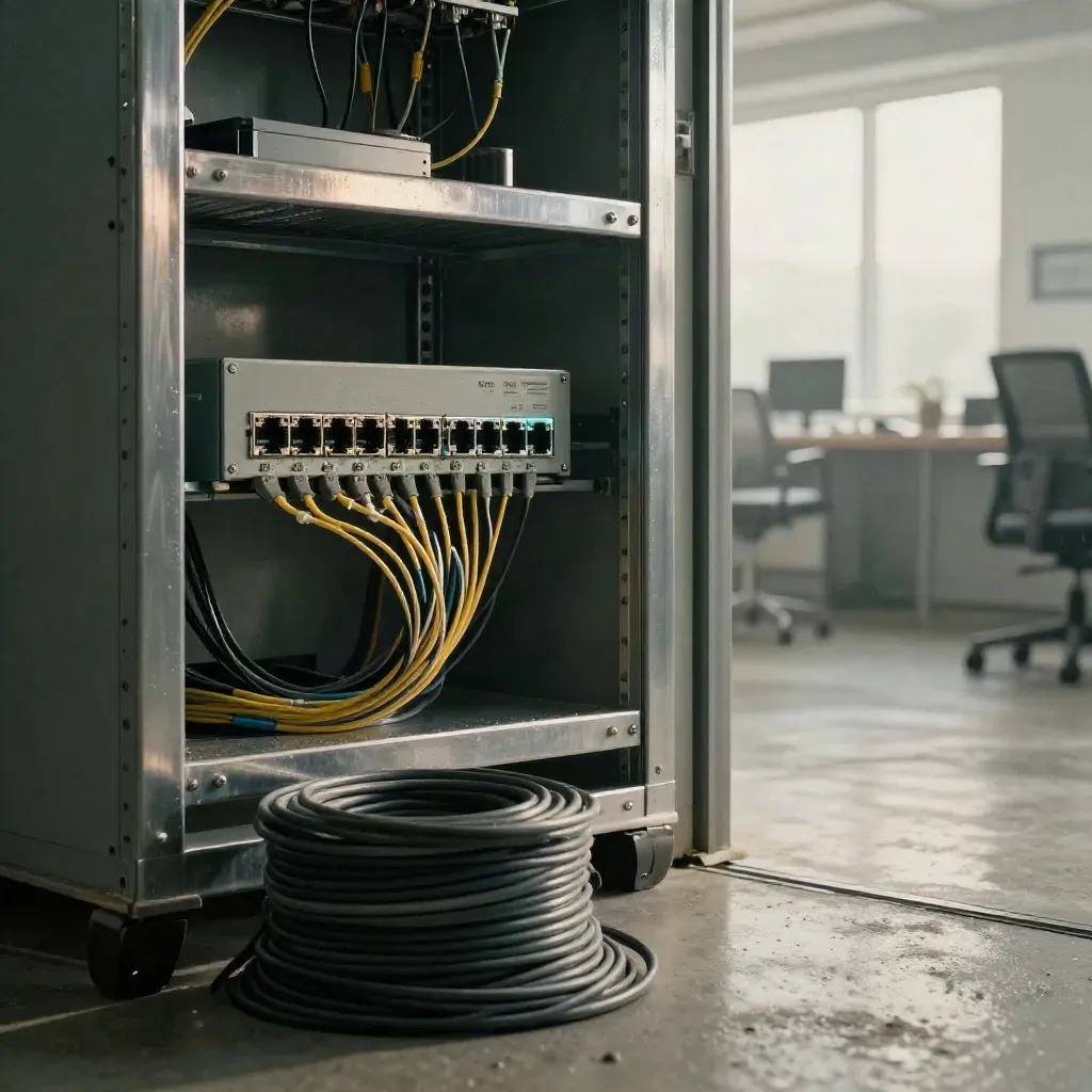Comms closet rack with patch panel, PoE switch, fiber handoff and cable coils at dawn