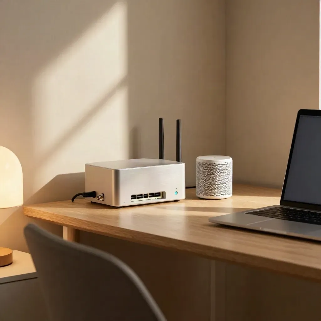 Fiber ONT, router pair, and mesh node on a shelf beside a closed laptop in warm light.