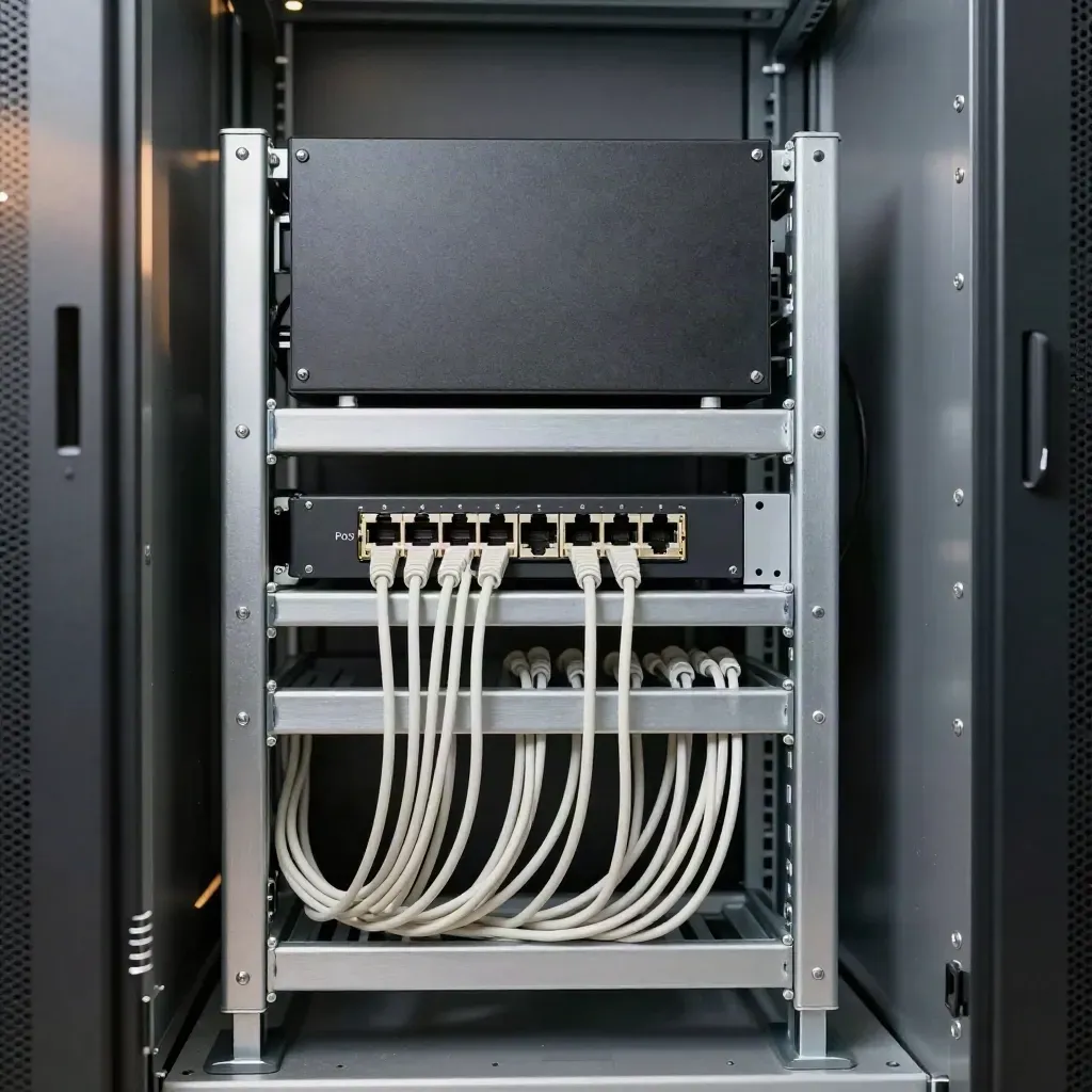 Neat comms closet rack with UPS, PoE switch, cable bars, and tidy patch cords.