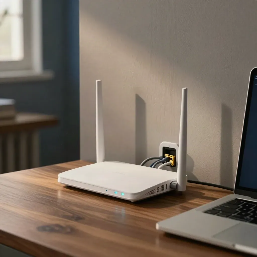 Close-up of a home office router, modem, mesh node and closed laptop with steady status lights.